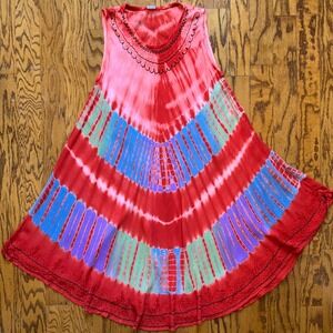 Boho Tie Dye Swing Midi Dress Embroidered Curved Hem Free Size Orange Red India